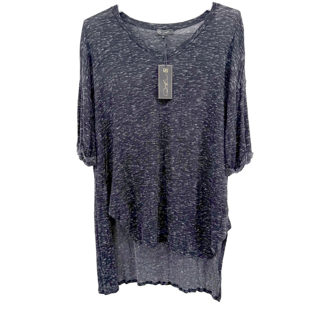 NWT DG2 by Diane Gilman Women's Black Marled V-Neck Hi Lo Tunic Top Size Large